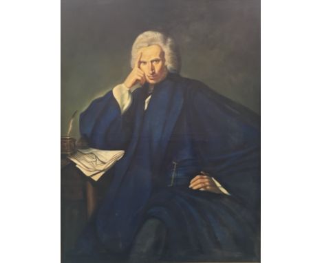 Framed, unsigned, oil on canvas, three quarter length portrait of a gentleman in wig and blue robe, stamped 'Coventry A.H.A.'
