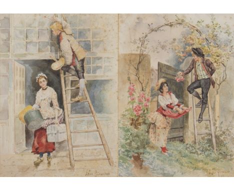 LEON GIRARDET (1857 - 1895) Pair of framed, signed, French watercolours on paper, one showing a boy painting up a ladder as w