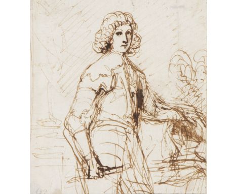 JOHN VANDERBANK (1694 - 1739) Unframed, mounted, unsigned, pen and ink sketch on paper, three quarter length portrait of a ma