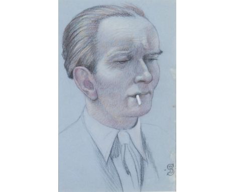 BERNARD SLEIGH R.B.S.A. (1872 - 1954) Unframed, mounted, signed with monogram, charcoal and pastel on blue paper, bust length