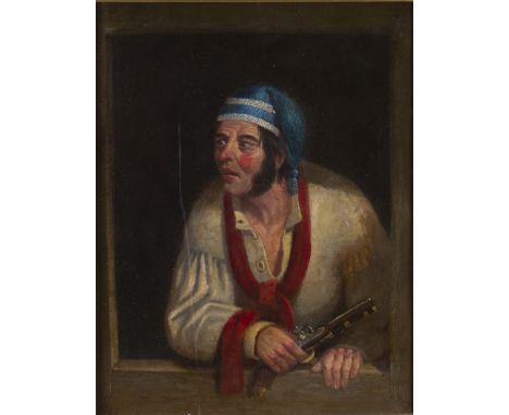 Attributed to WILLIAM KIDD (1796 - 1863) Framed, unsigned, oil on board, portrait of a man with a pistol in window, 36.5cm x 