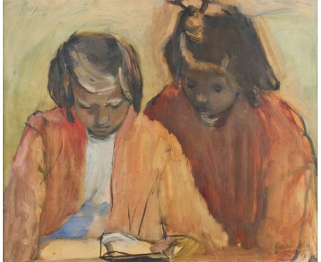 Framed, indistinctly signed, dated 1954, oil on paper laid on canvas, double portrait of two young girls reading, 44cm x 52cm