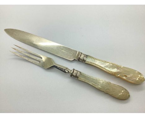 A Decorative Victorian Hallmarked Silver and Mother of Pearl Serving Knife and Fork, George Adams, London 1881, with carved m