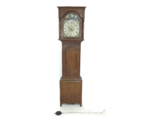 A 19th century oak long case clock, the painted arched dial with black Roman numerals, subsidiary seconds dial and date rolle