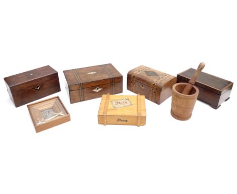 A group of wooden boxes, comprising a Victorian writing slope, a tea caddy with two compartments and later glass bowl, a vint