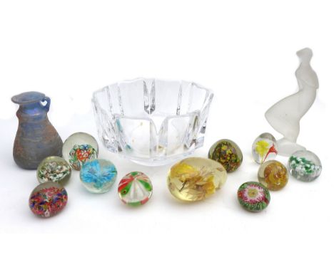 A group of glassware, comprising an Orrefors 'Corona' bowl, 22.5cm diameter, a blue vase, a frosted glass statue, and eleven 