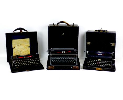 Three vintage portable typewriters, comprising models by 'Corona, 33.5 by 36 by 15cm high overall (closed), 'Oliver' 33.5 by 
