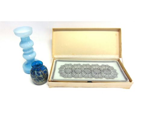 A BOXED SET OF CHANCE 'FIESTA GLASS' DISHES  seven matching hollow stem glasses 17.5cm high, a Mdina paperweight and a cased 