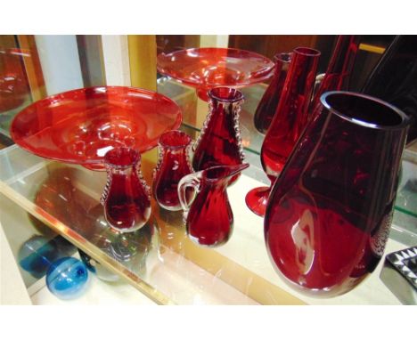 A GROUP OF WHITEFRIARS VASES  and a glass bowl 27cm diameter, all in ruby red colourway (7)