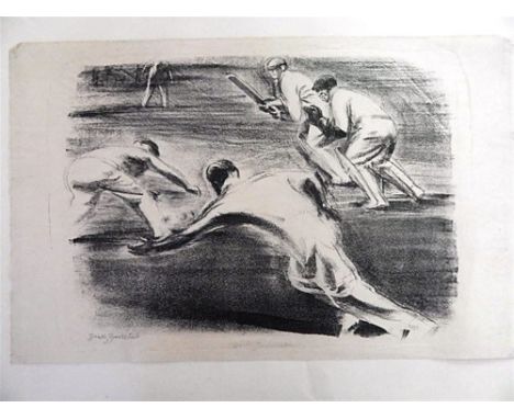 PERCY DRAKE BROOKSHAW (BRITISH, 1907 - 1993)  'Cricket Match' lithograph, signed in pencil bottom left, 27cm x 42cm.  Provena