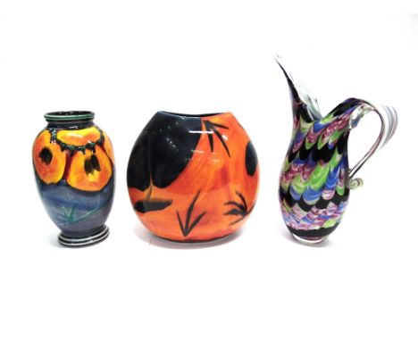 TWO LARGE POOLE POTTERY 'WILD POPPY' VASES  25cm high; a glass decanter and stand by Boris Sipek, approx 32cm high, moulded m