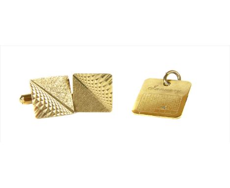 A pair of 9ct gold cufflinks, square face with half engine turned decoration and half hand textured finish, with swivel fitti