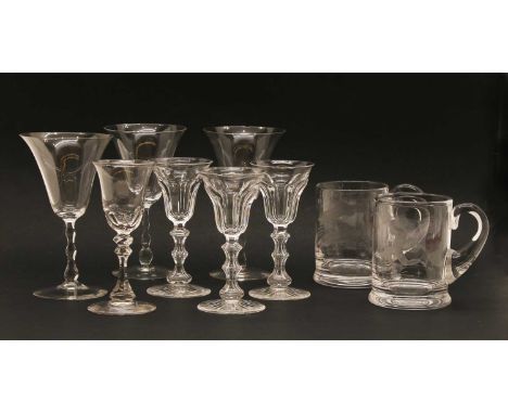 Glassware including two tankards with signs of the Zodiac , three glass flasks with stoppers, one with coloured enamel decora