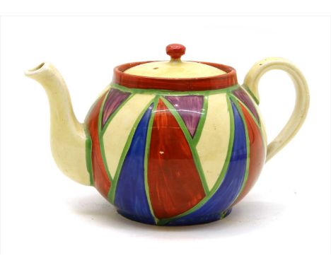 A Clarice Cliff 'Bizarre' teapot and lid, in a geometric pattern. ( restoration to pot and lid )