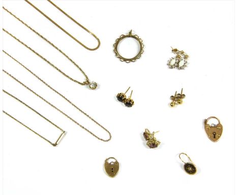 A quantity of gold jewellery, to include a pair of garnet stud earrings, a pair of amethyst stud earrings, a pair of ball stu