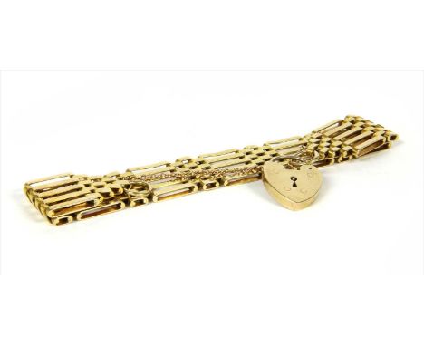 A 9ct gold five row gate bracelet, with heart shaped padlock clasp and safety chain, London 1961, 25.12g