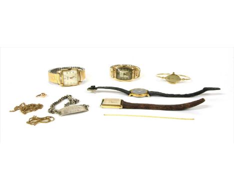 A quantity of jewellery, to include an Art Deco 9ct gold Tavannes mechanical bracelet watch, tonneau shaped case, 40 x 27mm, 