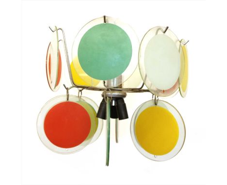 A chrome and glass hanging ceiling light, 20th century, in the style of Vistosi, with shaped branches suspending multi colour