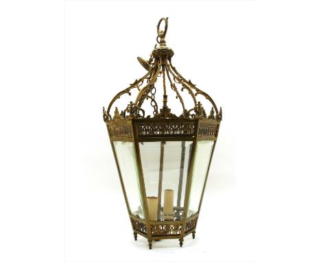 A hexagonal brass hall lantern, 65cm high