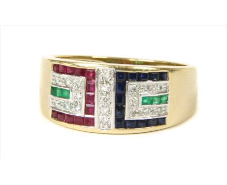 A 9ct gold ruby, sapphire, emerald and diamond ring, of geometric design, channel set with square step cut rubies, sapphires 