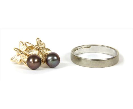 An 18ct white gold flat section wedding ring, Birmingham 1955, 3.05g, together with a pair of gold cultured freshwater pearl 
