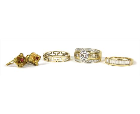 A quantity of gold jewellery, to include two 14ct gold cubic zirconia rings, Birmingham, finger size R and S, a gold Greek ke