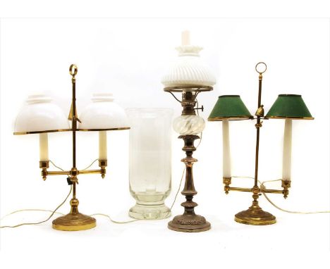 Two brass student lamps, 20th century, with opaque glass shades, 49cm high, a candlestick table lamp and shade, a marriage, 5