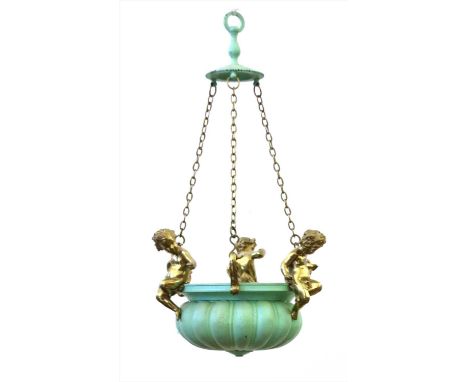 A green patinated metal hanging light, with three brass cherub mounts, no light fitting , 60cm high