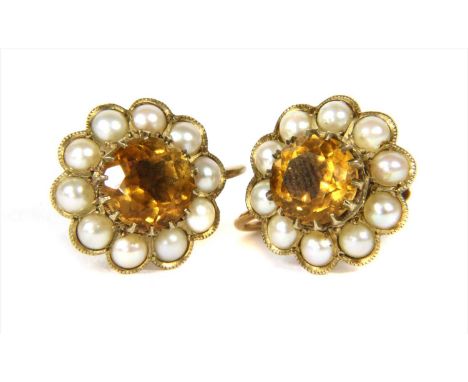 A pair of 9ct gold citrine and split pearl cluster earrings, with a circular mixed cut citrine, claw set to a border of split