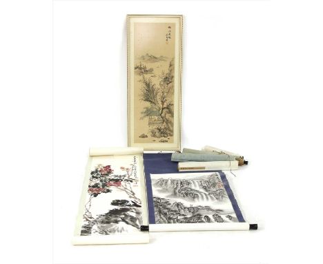 Seven Chinese ink paintings, to include a Shan Shui decorated example, bearing a seven character colophon and a seal to the u