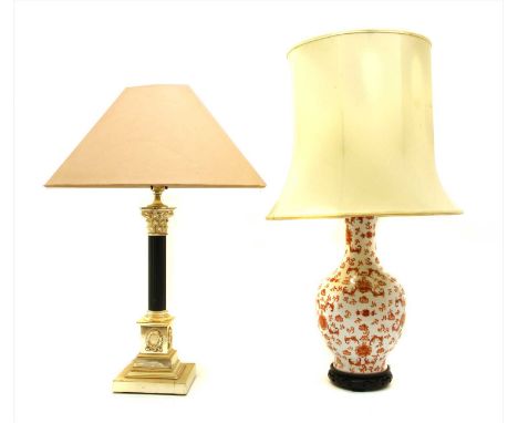 A silver plated Corinthian column table lamp and shade, and a Chinese vase table lamp and shade, both 20th century, 54 and 45