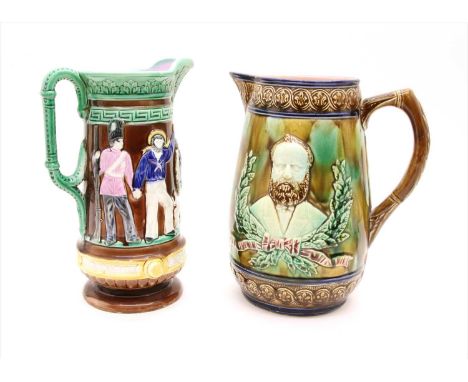A 19 th century Sandford pottery majolica jug, inscribed Our Army &amp; Navy &amp; Brave Volunteers all below a roundel depic