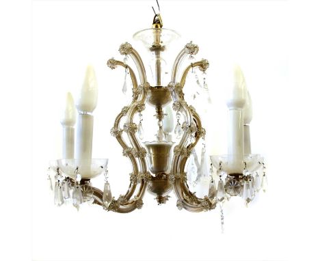 A glass five branch chandelier, 50cm high, and a painted wooden lantern, 82cm high (2)