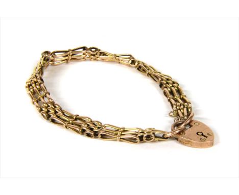 A gold gate bracelet, with gathered ribbon links, to heart shaped padlock clasp, marked 9ct, 10.51g