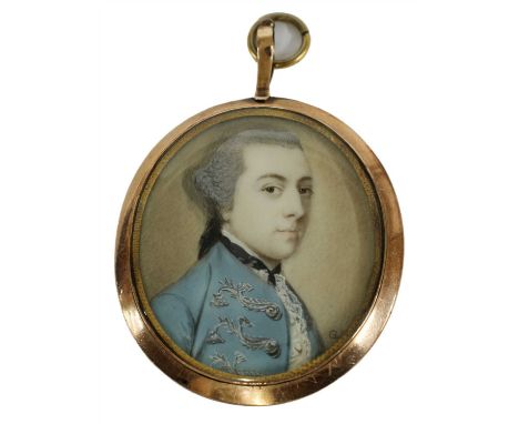 Gervase Spencer (1715-1763) PORTRAIT OF A YOUNG GENTLEMAN, BUST LENGTH, IN A PALE BLUE COAT Miniature on ivory, signed with i