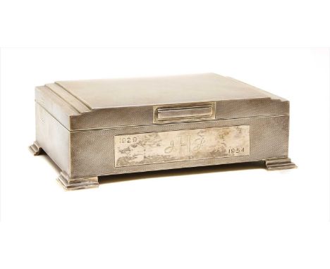 An engine turned silver cigarette box, by Poston Products Ltd, London 1953 with stepped lid and feet. 17.5cm wide