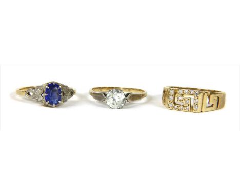 A gold single stone cubic zirconia ring, tested as approximately 9ct gold, 2.10g, finger size P½, together with a gold cubic 