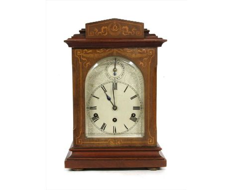 An inlaid mahogany mantel clock , c.1900 with a striking three train movement, 42cm