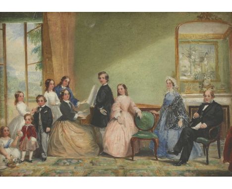 Attributed to Alfred Edward Chalon RA (1780-1860) PORTRAIT OF A FAMILY GATHERED AROUND A PIANO IN AN INTERIOR Oil on board 25