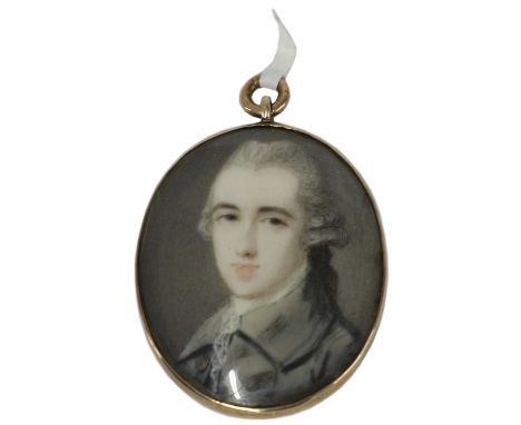 Ozias Humphrey (1742-1810) PORTRAIT OF A YOUNG GENTLEMAN, BUST LENGTH, IN A GREY COAT AND WHITE STOCK Miniature on ivory Oval