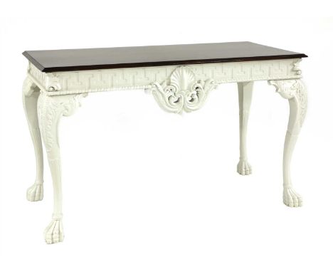 A console table, in the Georgian style, with a mahogany top, on a white painted stand, 142cm wide, 66cm deep, 89cm high