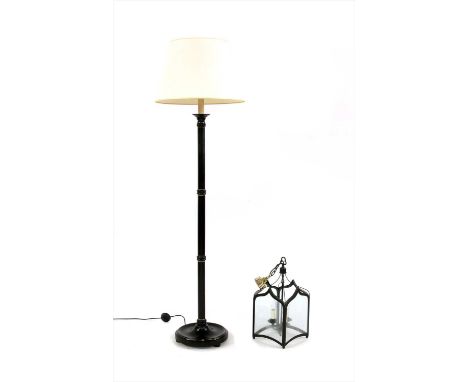 A small Gothic revival style four light hanging lantern, 54cm high, together with an ebonised standard lamp, 173cm high