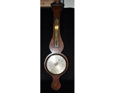 A GEORGE III MAHOGANY BANJO BAROMETER/THERMOMETER  with broken pediment and marquetry inlaid decoration, the silvered 8' dial