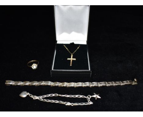 A 9CT GOLD SMALL CROSS AND TRACE CHAIN the cross of hollow construction, together with a silver and 9ct gold opal set ring (a