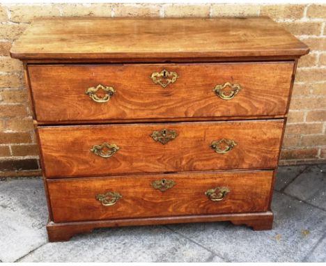 VICTORIAN CHEST OF THREE LONG DRAWERS, each with brass handles and escutcheons and raised on bracket feet, 85cm x 106cm x 54c