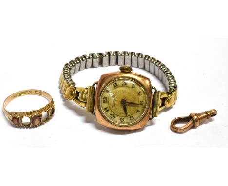 THREE VINTAGE 9CT GOLD ITEMS ALL AS FOUND  Comprising a ladies Everite watch; a ring; and a toggle fastener, gold weight appr