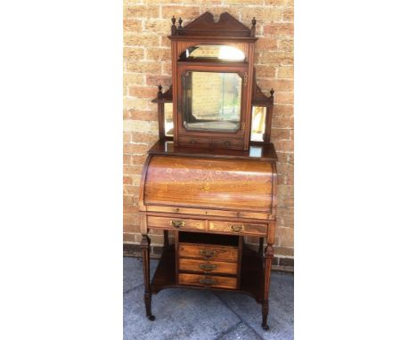 ROSEWOOD AND PARQUETRY INLAID CYLINDER DESK, with a raised mirrored back having a galleried top, the central mirror section e