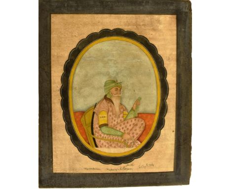INDIAN SCHOOL:  a painted miniature oval portrait of a seated nobleman, possibly Ranjit Singh, the oval panel 15cm x 11.5cm, 