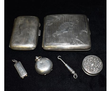 SIX ITEMS OF SILVER  Comprising a cigarette case; a charoot case; a sovereign holder; a miniature round powder box with gilt 