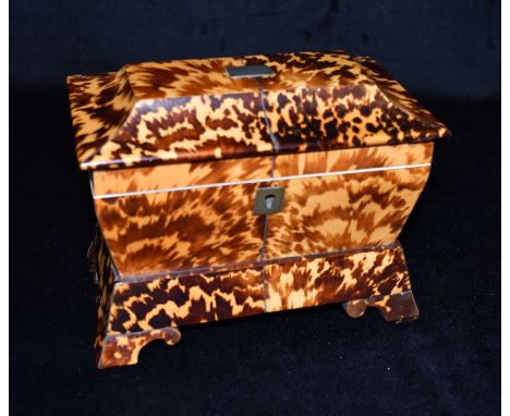 BLONDE TORTOISESHELL TEA CADDY, of rectangular form with hinged top and with twin lidded divisions and raised on bracket feet